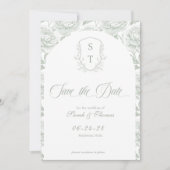 Crest-Monogramm Schrift in Salbeigrün Save The Date (Vorderseite)