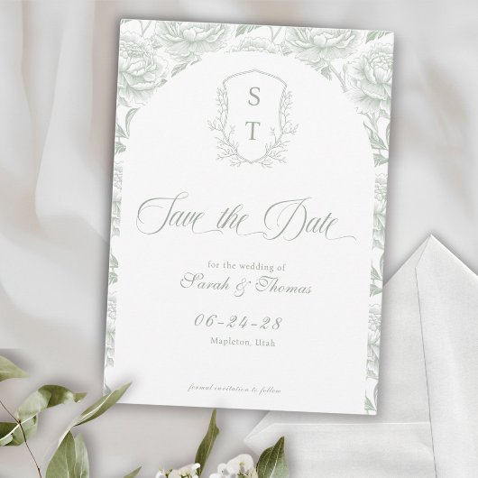 Crest-Monogramm Schrift in Salbeigrün Save The Date