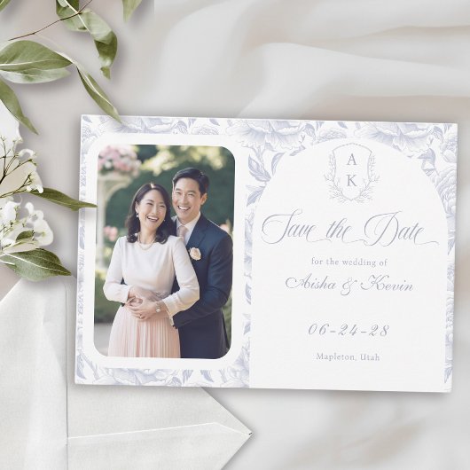 Crest-Monogramm Staubblau Schriftfoto Save The Date