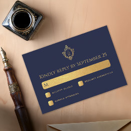 Crest Navy Blau Hochzeit Monogramm Faux Gold Elega RSVP Karte