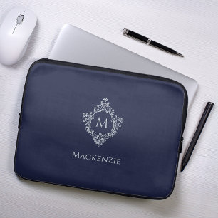 Crest Navy Blau Vintage Elegantes Monogramm und Na Laptopschutzhülle