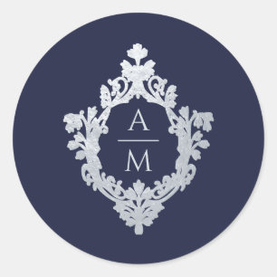 Crest Navy Blau Vintage Ornamente 2 Initialen Mono Runder Aufkleber