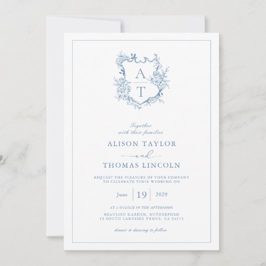Crest Vibrant Blaues Monogramm QR-Code Hochzeit Einladung (Vorderseite)