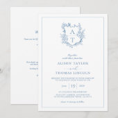 Crest Vibrant Blaues Monogramm QR-Code Hochzeit Einladung (Vorne/Hinten)