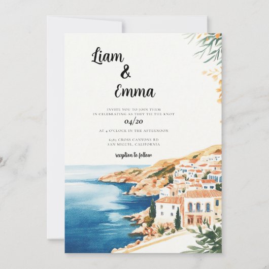 Crete Watercolor Wedding Destination Einladung (Vorderseite)