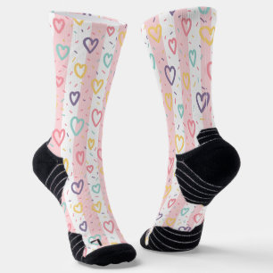 Crew Socken Pink & Weiß gestreift bunte Herzen