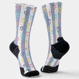 Crew Socks Pink & White Stripe Colorful Hearts Socken