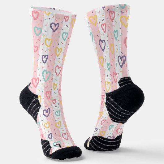 Crew Socks Pink & White Stripe Colorful Hearts Socken (Gewinkelt)