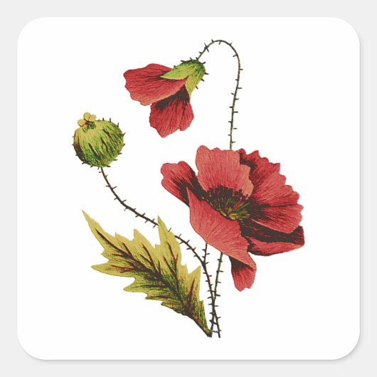 Crewel Embroidery Red Poppy Quadratischer Aufkleber (Vorderseite)