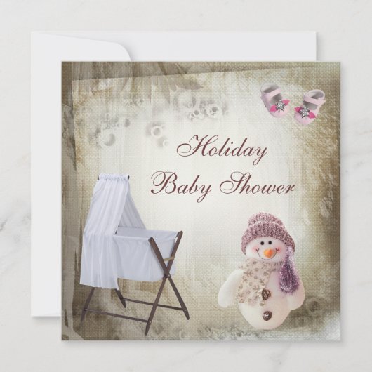 Crib & Pink Snowman Holiday Baby Dusche Einladung (Vorderseite)