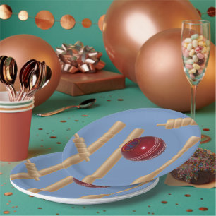 Cricket Ball auf Blue Smashing Cricket Stumps, Pappteller