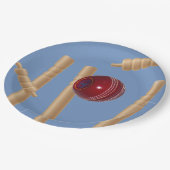 Cricket Ball auf Blue Smashing Cricket Stumps, Pappteller (Schrägansicht)