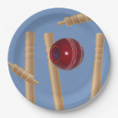 Cricket Ball auf Blue Smashing Cricket Stumps, Pappteller (Vorderseite)