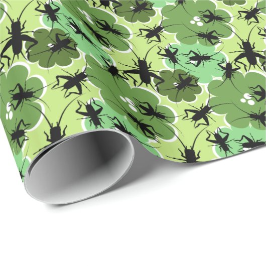 Cricket Floral Pattern Grün + Schwarz Geschenkpapier (Rolleneckpunkt)