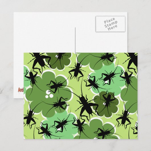 Cricket Floral Pattern Grün + Schwarz Postkarte (Vorne/Hinten)
