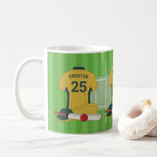 Cricket (Gold und Grün)-Lüfter/Spieler Kaffeetasse (Mit Donut)