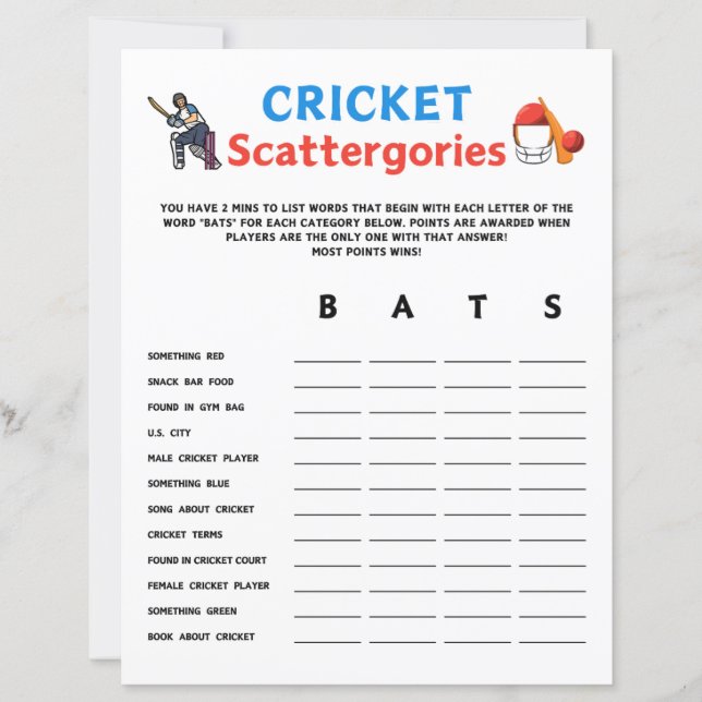 Cricket Scattergories Game (Vorderseite)