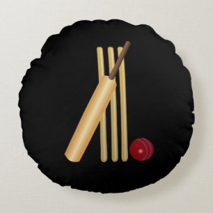Cricket - Wicket, Bat and Ball, schwarzer Hintergr Rundes Kissen