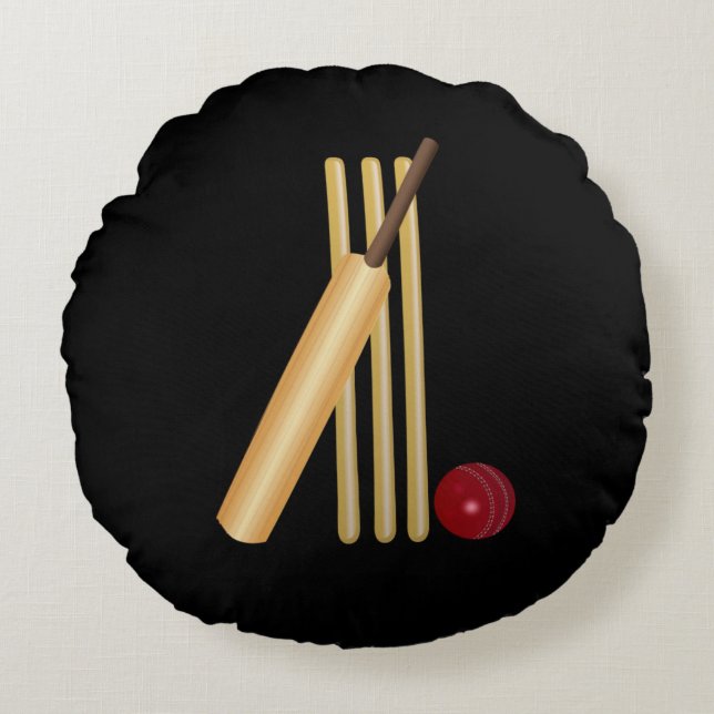 Cricket - Wicket, Bat and Ball, schwarzer Hintergr Rundes Kissen (Vorderseite)