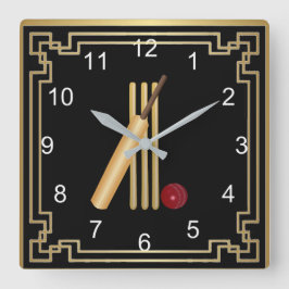 Cricket, wicket, bat and ball with gold frame quadratische wanduhr