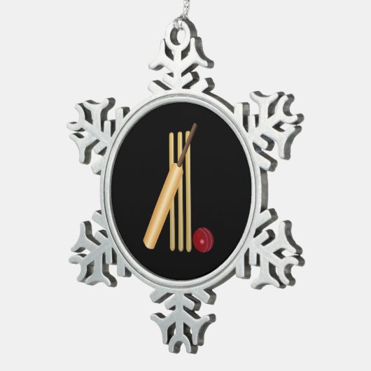 Cricket - Wicket, Bat und Ball auf schwarz Schneeflocken Zinn-Ornament (Rechts)