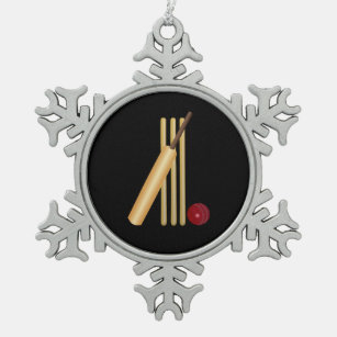 Cricket - Wicket, Bat und Ball auf schwarz Schneeflocken Zinn-Ornament