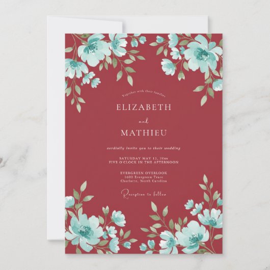 Crimson Aqua Bloom Hochzeit Einladung (Vorderseite)