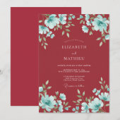 Crimson Aqua Bloom Hochzeit Einladung (Vorne/Hinten)
