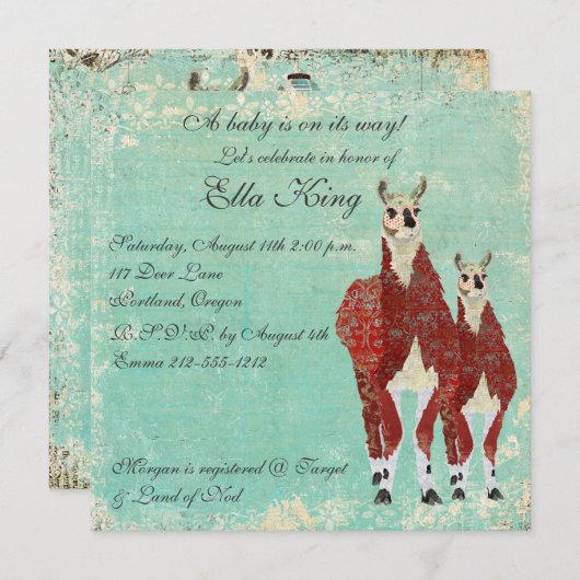 Crimson & Azure Llamas Baby Einladung (Vorne/Hinten)