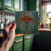 Crimson Bloom Art Nouveau Fliese