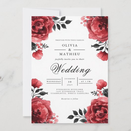 Crimson Bloom Floral Accent Wedding Einladung (Vorderseite)