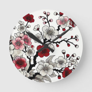 Crimson Blossom Elegance - japanisch Inspirierte F Runde Wanduhr