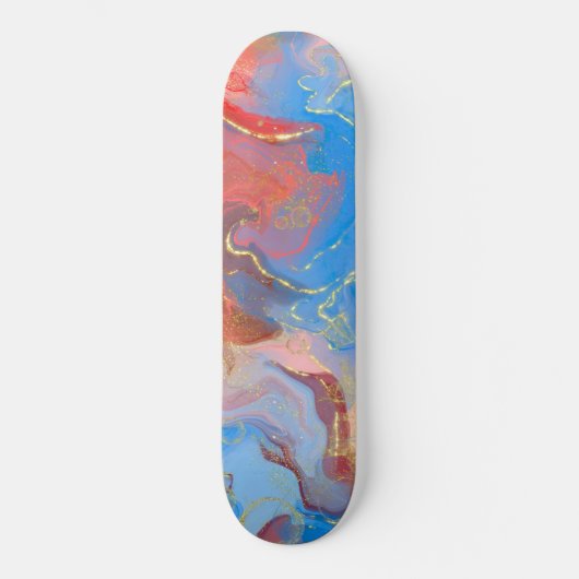 Crimson, Blush, Blau und Gold marmorierter Alkohol Skateboard (Vorderseite)