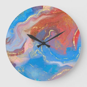 Crimson, Blush, Blue and Gold Marbled Alcohol Ink Große Wanduhr