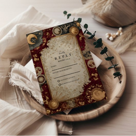 Crimson Celestial Baroque Wedding RSVP Karte