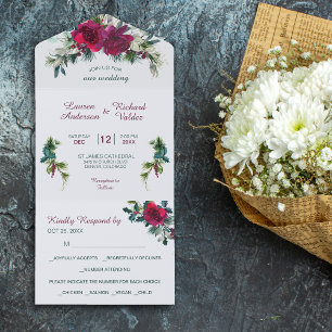 Crimson Christmas Rose Bouquet Wedding All In One  Einladung