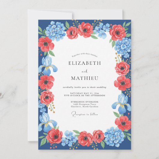 Crimson Cobalt Mohn Hochzeit Einladung (Vorderseite)
