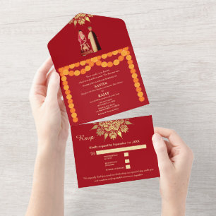 Crimson Elegance Moderne Rote & Goldene Indische H All In One Einladung