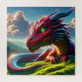 Crimson Ember Resting Dragon at Dawn Fantasy Puzzle