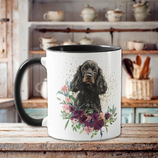 Crimson Floral Bouquet Black Tan Cocker Spanel Tasse