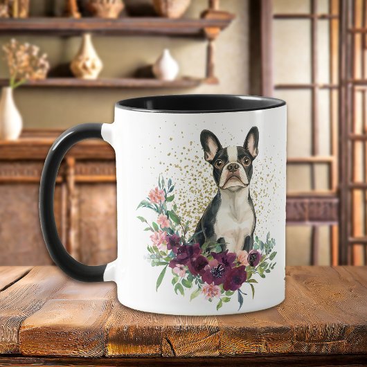 Crimson Floral Bouquet Boston Terrier Dog Tasse