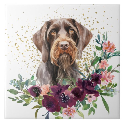 Crimson Floral Bouquet German Drahthaar Pointer Fliese (Vorderseite)