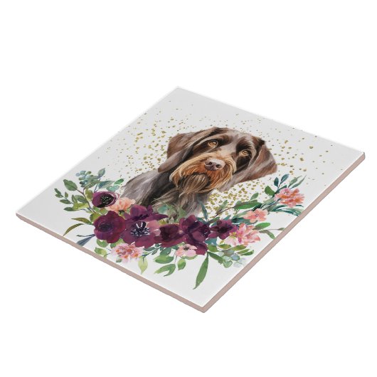 Crimson Floral Bouquet German Drahthaar Pointer Fliese (Seite)
