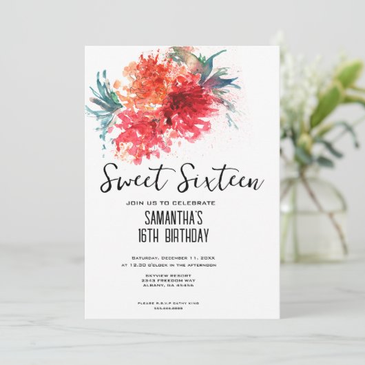 Crimson Floral Sweet 16 Einladung - Aquarelldesign (Stehend Vorderseite)