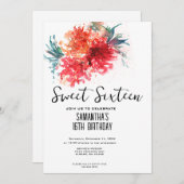 Crimson Floral Sweet 16 Einladung - Aquarelldesign (Vorne/Hinten)