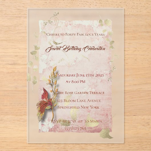 Crimson flüstert 40. Geburtstag Acryleinladung Acryleinladungen (Vorderseite)