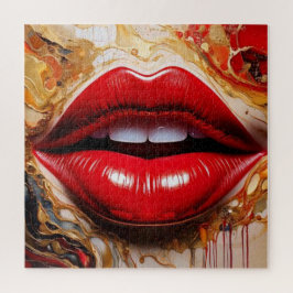 Crimson Gloss: Kühne rote Lippen & flüssiges Gold Puzzle