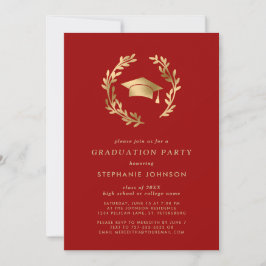Crimson Gold Grad Cap Wreath Chic Graduation Party Einladung