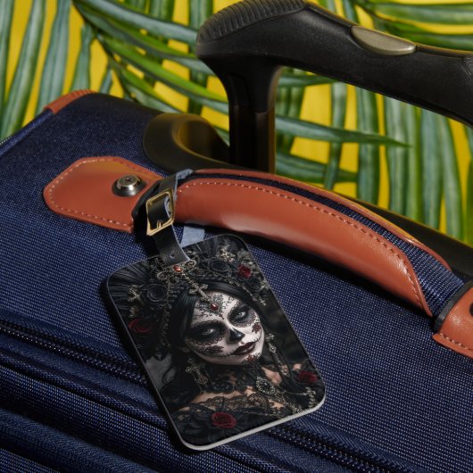 Crimson Gothic Calavera – Schwarze Rose Gepäckanhänger (Vorderseite Insitu 1)