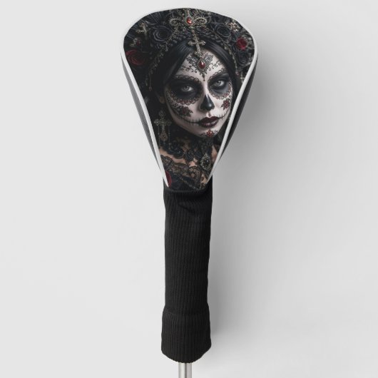 Crimson Gothic Calavera – Schwarze Rose Golf Headcover (Vorderseite)